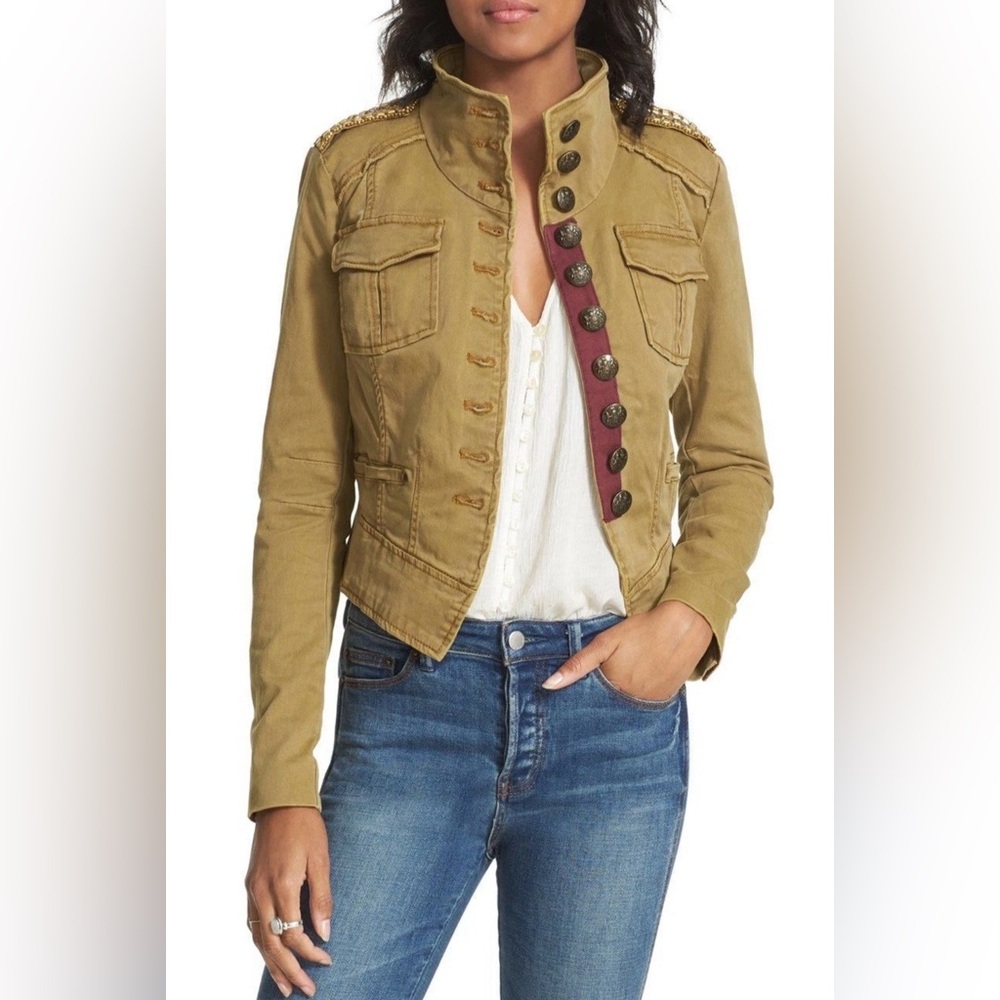 Free People Shrunken Officer Military Jacket Cropped Studded in Sand Size XS NWT